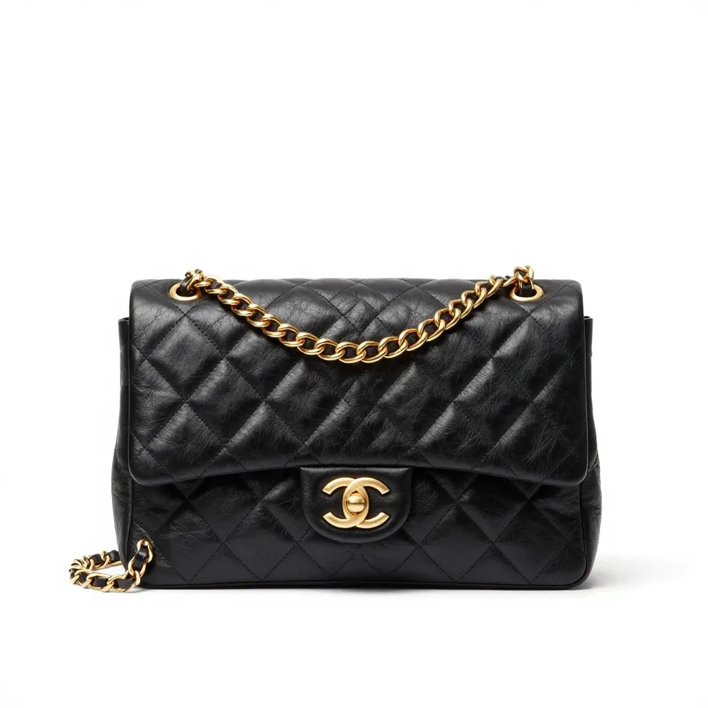 Borsa Chanel Classic Flap media nera trapuntata con catena oro, pelle caviar